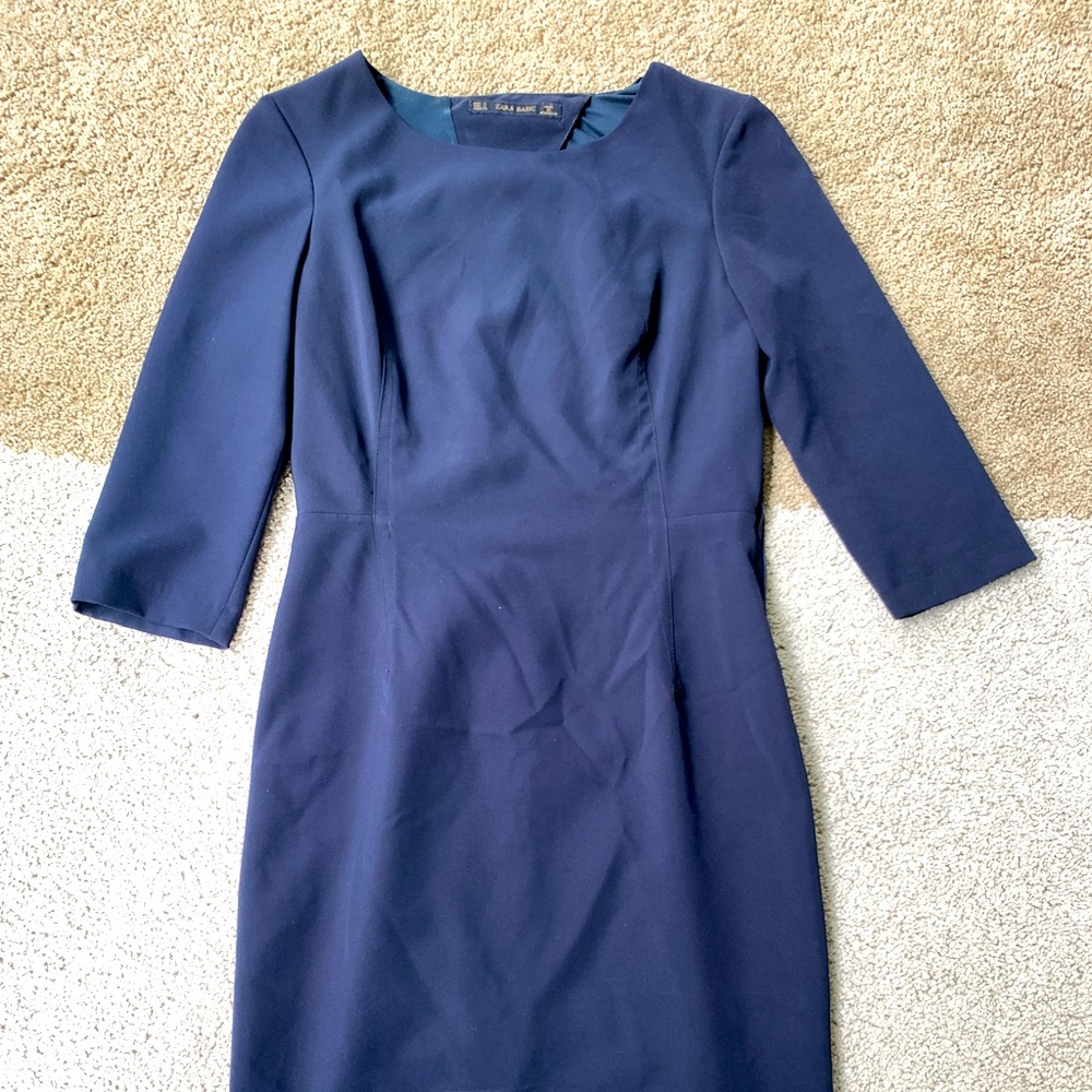 Zara size small S women’s navy dress open back with elbow sleeves zip